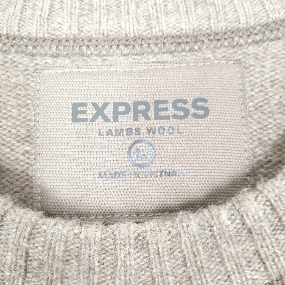 Express Mens 100% Lambs Wool Sweater M Crow Neck Long Sleeve Tan 158 - Picture 3 of 4